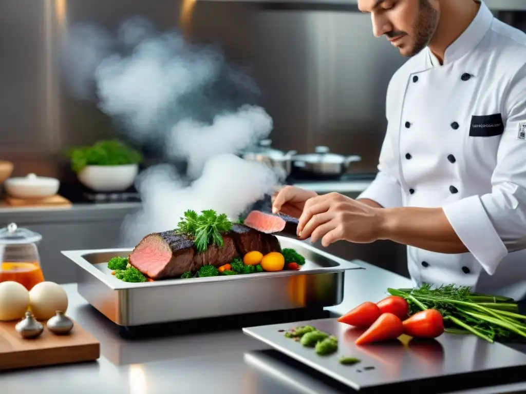 Un chef experto preparando un plato sousvide sin gluten, con ingredientes frescos y temperatura precisa