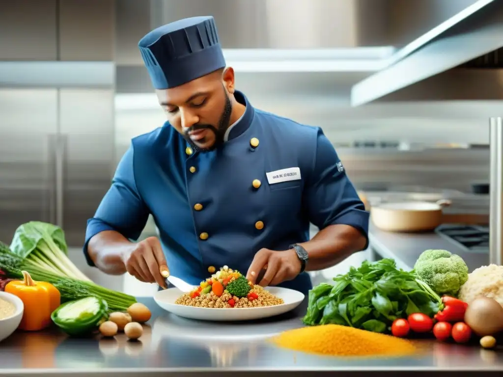 Un chef experto preparando un plato sin gluten y rico en proteínas en una cocina moderna y luminosa