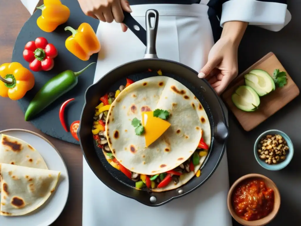 Un chef experto prepara una quesadilla sin gluten con ingredientes coloridos en una sartén caliente