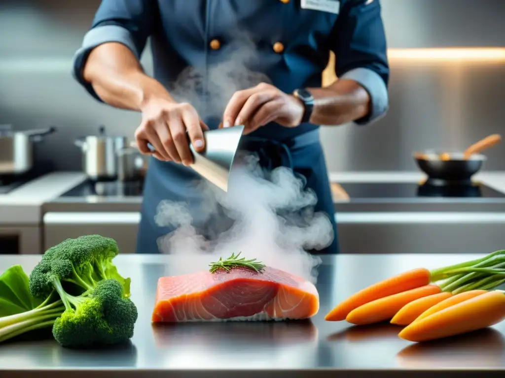 Un chef experto preparando una receta sousvide sin gluten en una cocina moderna y elegante