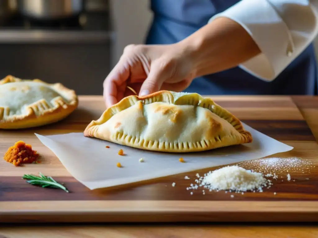 Un chef experto en recetas de empanadas sin gluten crea pliegues perfectos en una empanada de carne, en un ambiente cálido y acogedor