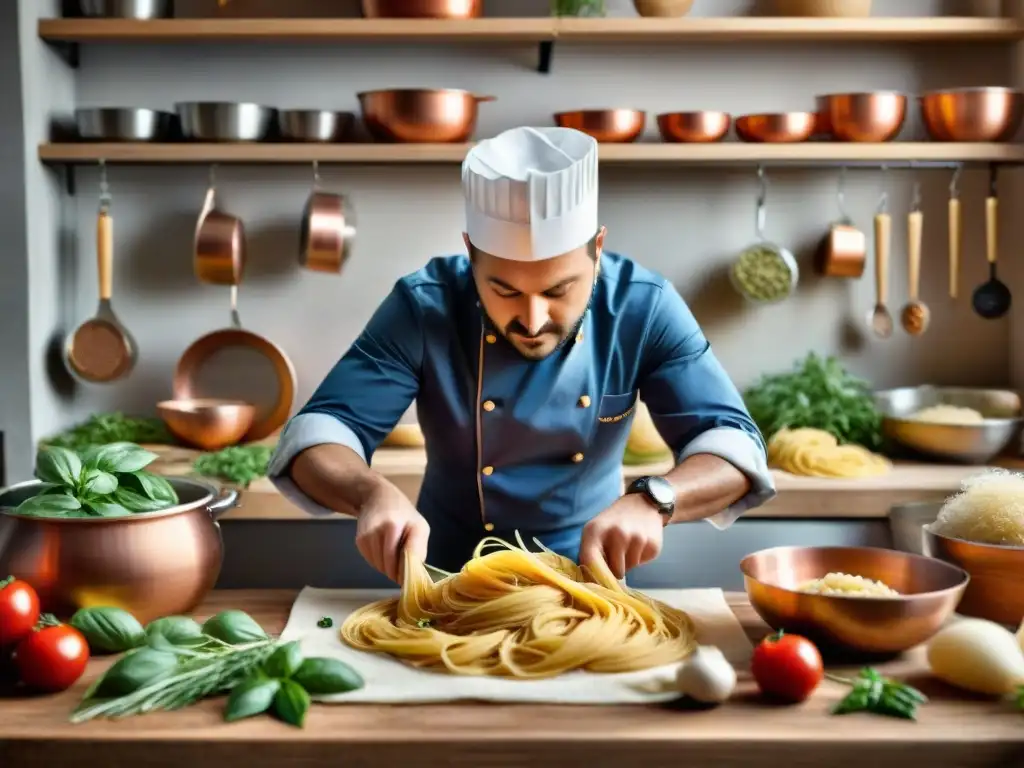 Un chef experto crea recetas pasta sin gluten innovadoras en bulliciosa cocina italiana