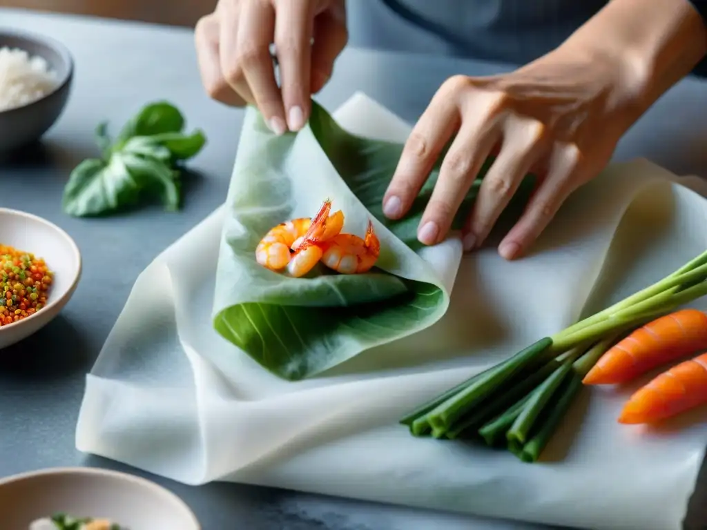 Un chef experto envuelve rollitos de primavera sin gluten con ingredientes frescos y coloridos en una cocina luminosa y ordenada