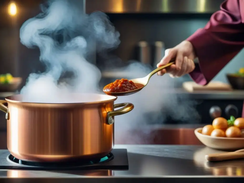 Un chef experto espesando salsas sin gluten en una olla de cobre brillante