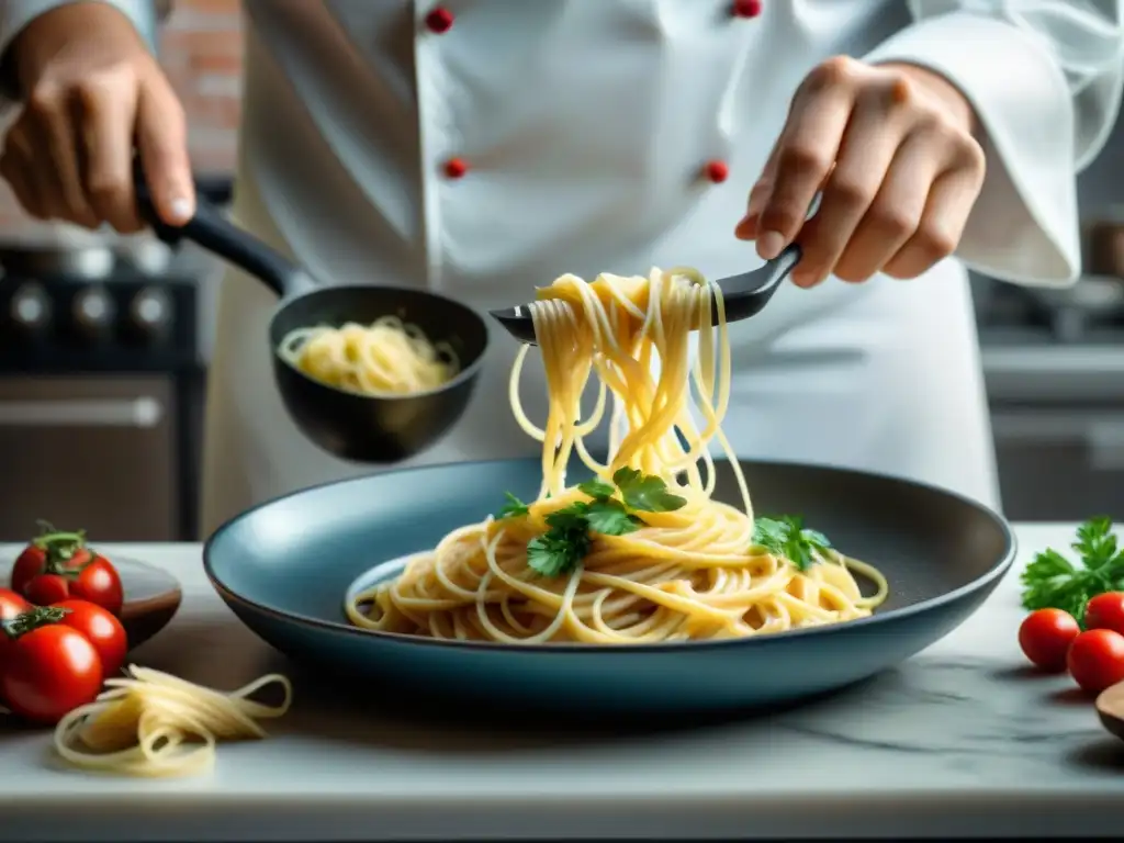 Un chef experto prepara salsas pasta sin gluten recetas en una cocina profesional