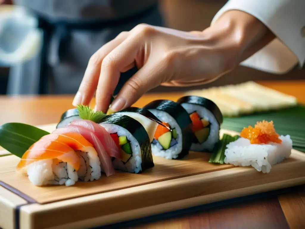 Un chef experto crea sushi sin gluten con arte y destreza, enrollando arroz y sashimi en un rollo perfecto