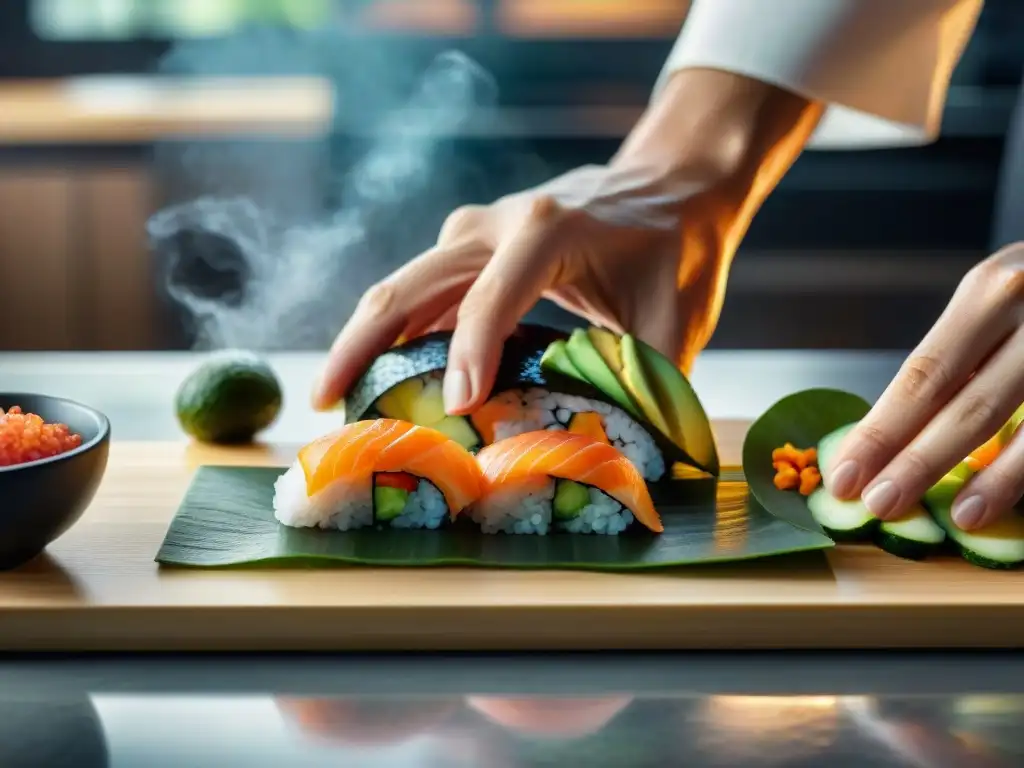 Un chef experto en sushi sin gluten recetas innovadoras, enrolla con destreza ingredientes frescos y vibrantes en una cocina moderna y elegante