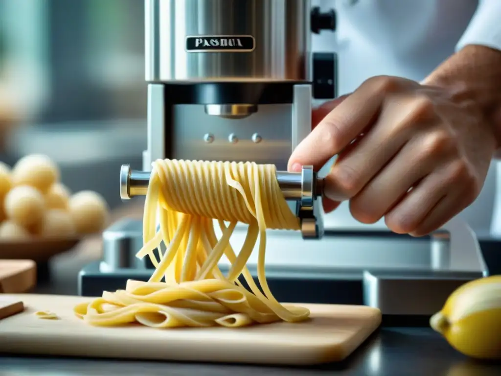 Un chef experto utilizando técnicas de extrusión para hacer pasta sin gluten en una máquina moderna de acero inoxidable