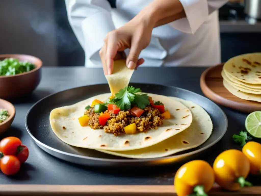 Un chef experto voltea una tortilla sin gluten, listo para rellenarla con vegetales