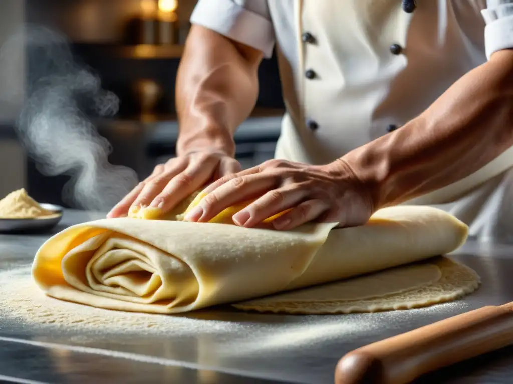 Un chef experto elabora tortillas sin gluten con destreza y gracia en una cocina iluminada, mostrando la flexibilidad de la masa