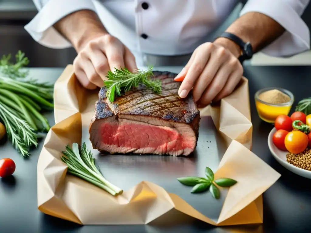 Un chef experto sellando al vacío un bistec sin gluten en sousvide, rodeado de ingredientes clave en una cocina moderna y elegante