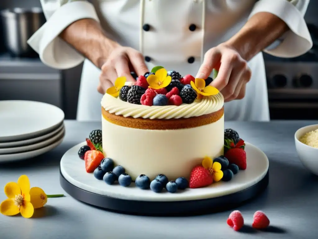 Un chef crea una exquisita torta sin gluten con frutas y flores en una cocina moderna