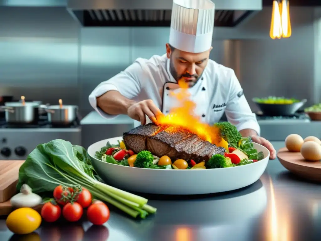 Un chef famoso en una cocina moderna preparando platos Paleo sin gluten con pasión y precisión