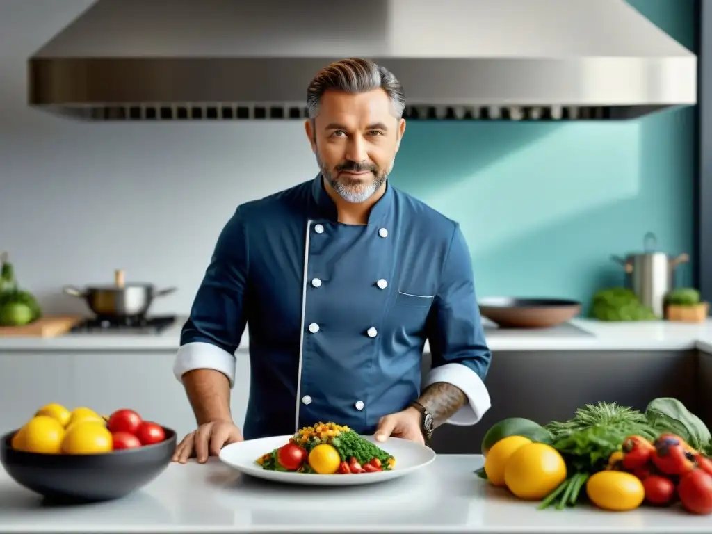 Un chef famoso en una cocina moderna preparando un plato paleo sin gluten con destreza y precisión