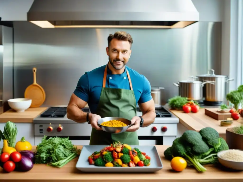 Un chef famoso preparando platos Paleo sin gluten en una cocina moderna y vibrante