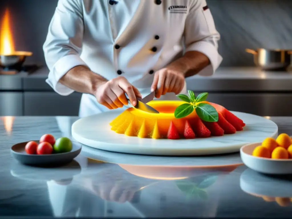 Un chef francés preparando con arte culinario una obra sin gluten en una cocina tradicional francesa