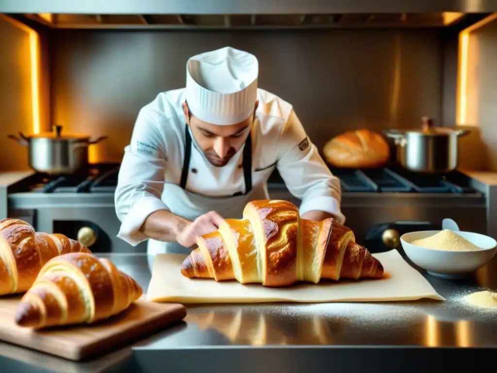 Un chef francés elaborando un croissant sin gluten en una panadería tradicional, evocando tradición e innovación en recetas cocina francesa sin gluten