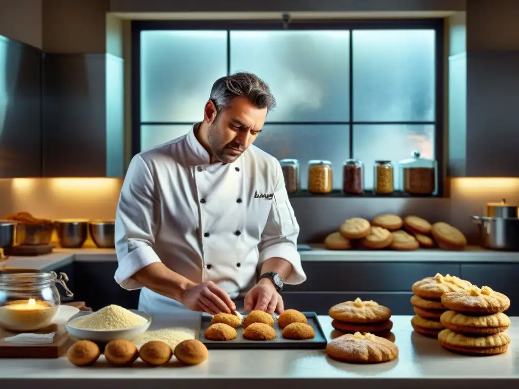 Un chef frustrado examina recetas sin gluten deliciosas fracasadas en una cocina moderna y bien equipada