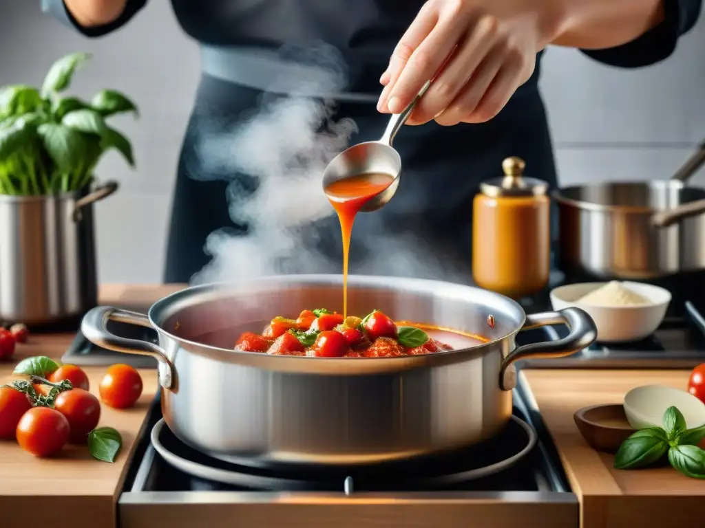 Un chef mezcla con gracia una salsa libre de gluten en una olla de acero inoxidable brillante sobre una estufa de gas