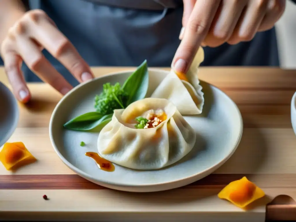 Un chef hábil prepara gyoza sin gluten con destreza y pasión