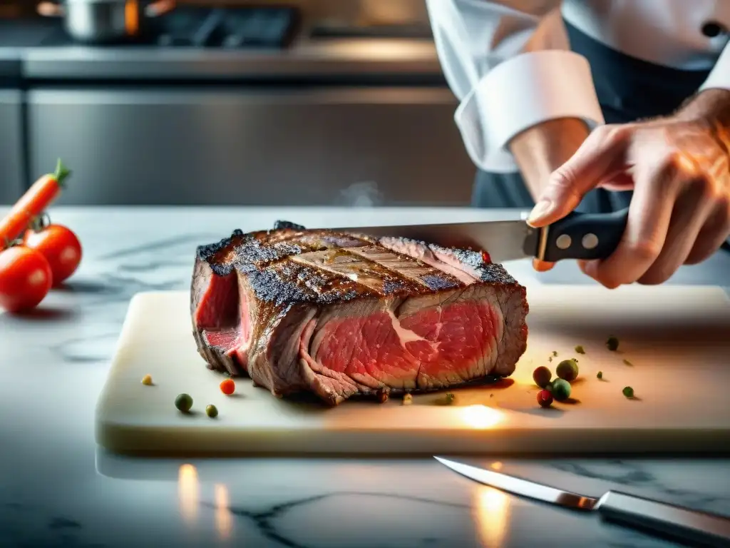 Un chef habilidoso corta con precisión un filete de ribeye marmoleado, demostrando técnicas de cortes de carne sin gluten en una cocina gourmet