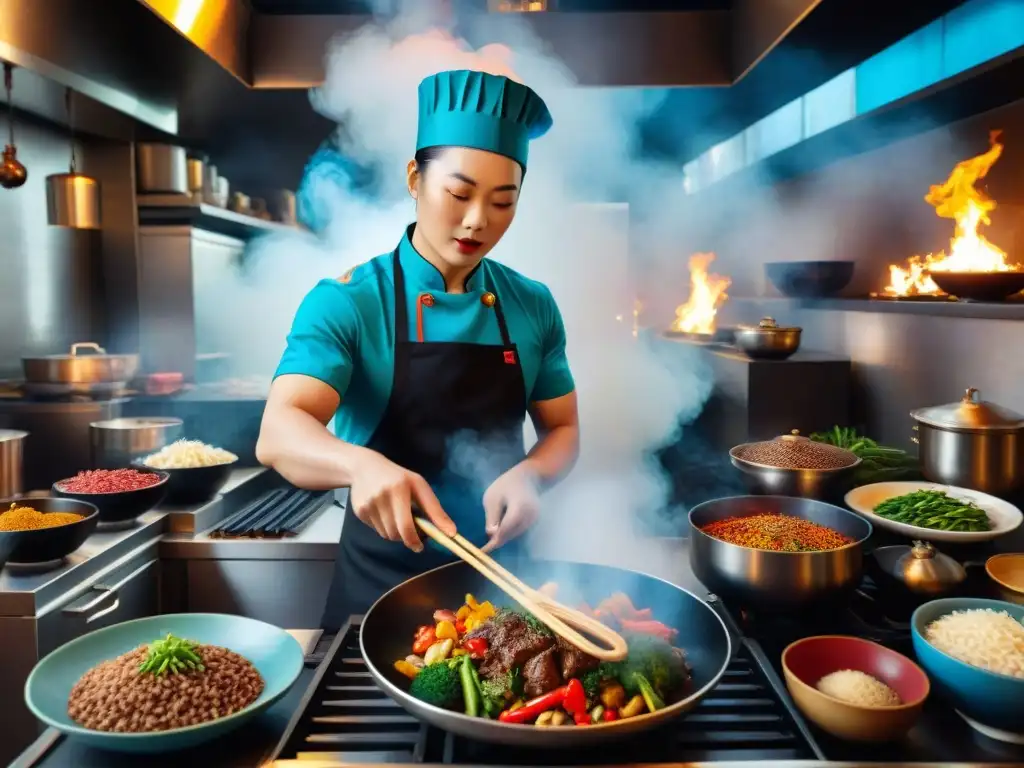 Un chef habilidoso prepara recetas chinas sin gluten en una vibrante cocina, creando una obra maestra culinaria