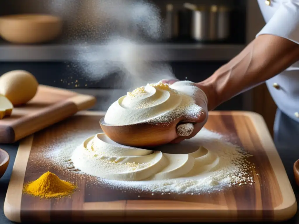 Un chef esparciendo harina sin gluten en una tabla de cortar de madera, con utensilios de cocina coloridos en un ambiente sereno