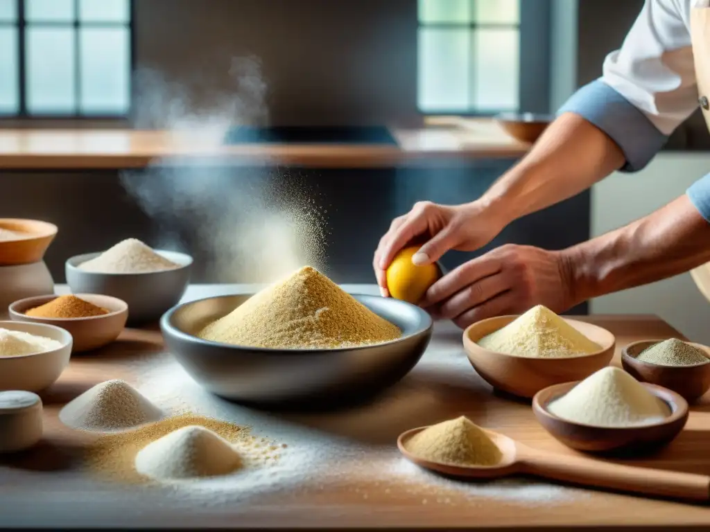 Un chef mezcla harinas sin gluten para cocinar, mostrando creatividad y precisión en la cocina