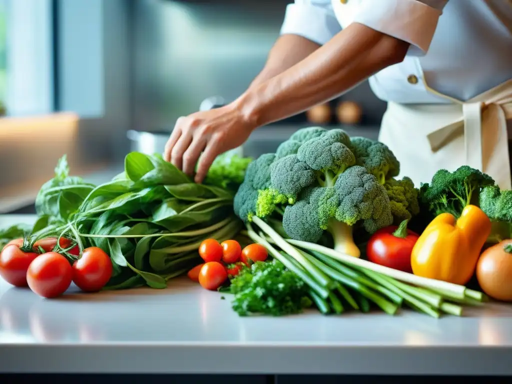 Un chef organiza ingredientes frescos en una cocina moderna