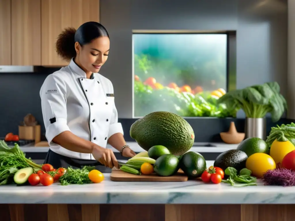 Un chef cortando ingredientes frescos en una cocina moderna, creando recetas veganas sin gluten innovadoras