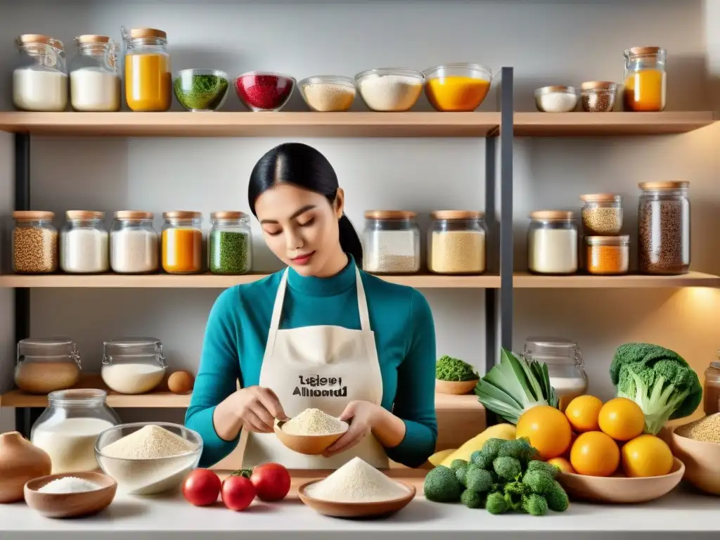 Un chef midiendo ingredientes sin gluten en una cocina moderna y luminosa