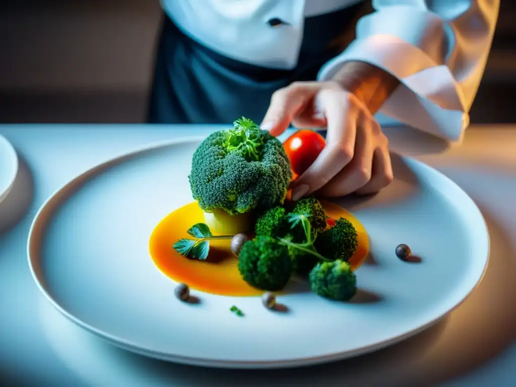 Un chef arregla meticulosamente ingredientes sin gluten en un plato blanco, destacando la cocina sin gluten internacional