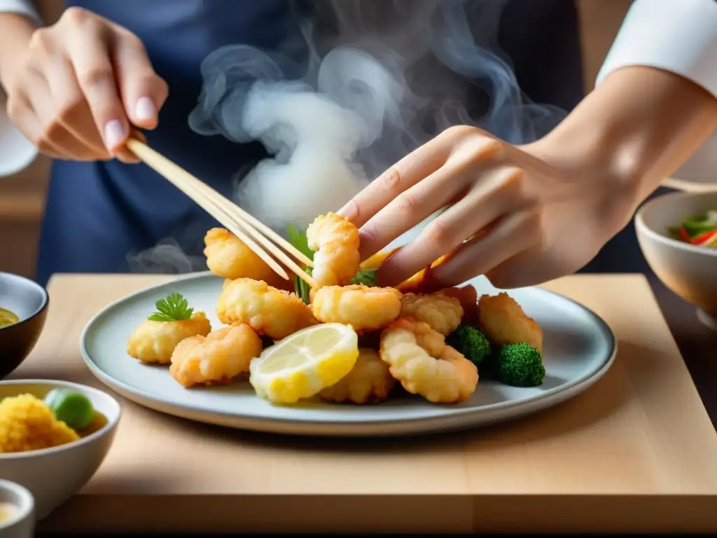 Un chef sumerge ingredientes sin gluten en tempura, mostrando su textura crujiente