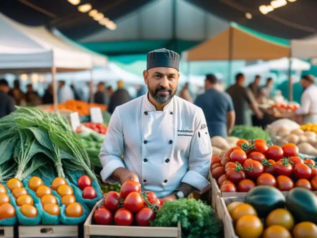 Chef seleccionando ingredientes locales en mercado de agricultores, conexión profunda con productos frescos, cocina sin gluten