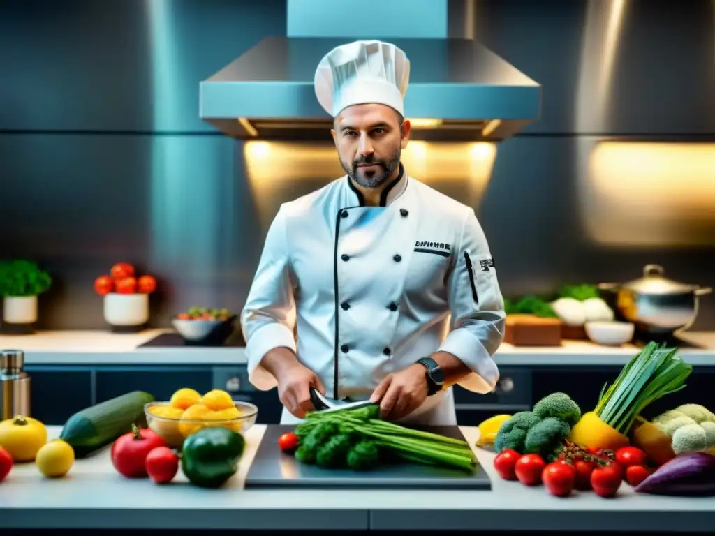 Un chef innovador preparando platos famosos sin gluten en una cocina moderna