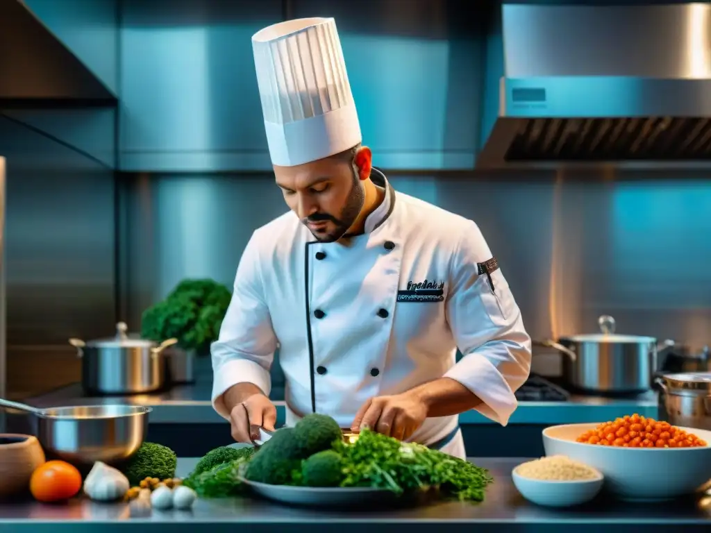 Un chef innovador transforma una receta clásica en sin gluten, rodeado de ingredientes y utensilios de cocina