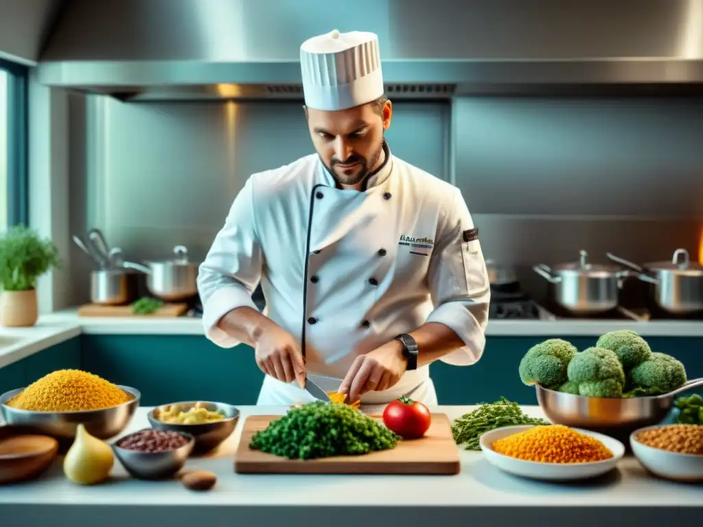 Un chef innovador prepara recetas sin gluten en una cocina moderna y bien equipada, rodeado de ingredientes frescos y coloridos