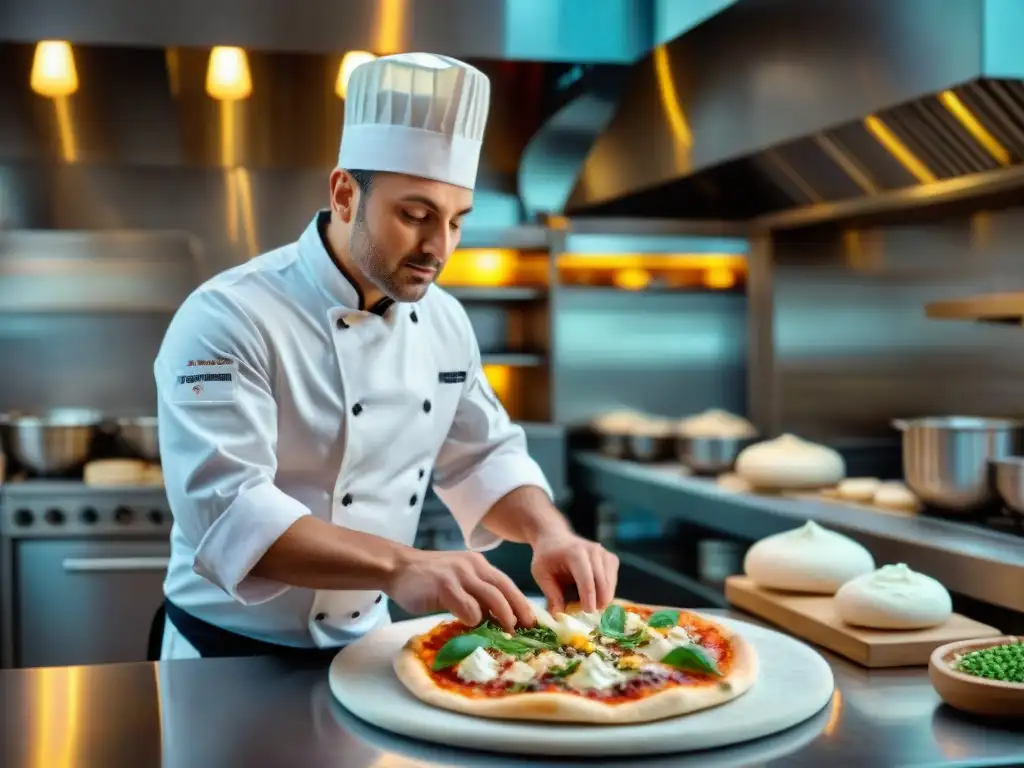 Un chef innovador crea recetas de pizza sin gluten en una cocina bulliciosa