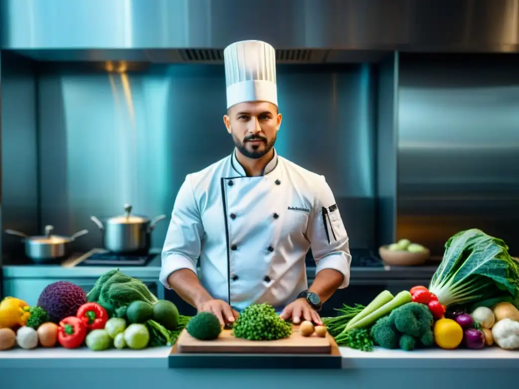 Un chef innovador prepara recetas veganas sin gluten en una cocina moderna con ingredientes frescos y coloridos