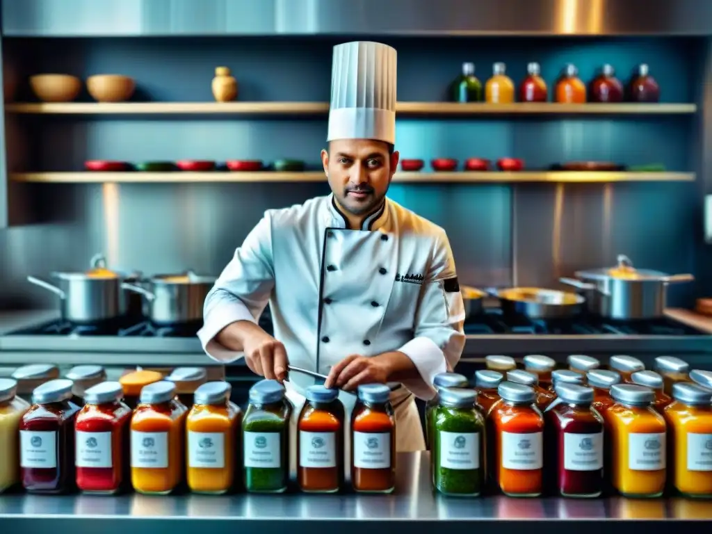 Un chef innovador mezclando salsas sin gluten importadas en una cocina moderna y colorida