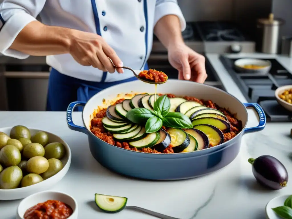 Un chef preparando una innovadora moussaka sin gluten en una cocina moderna