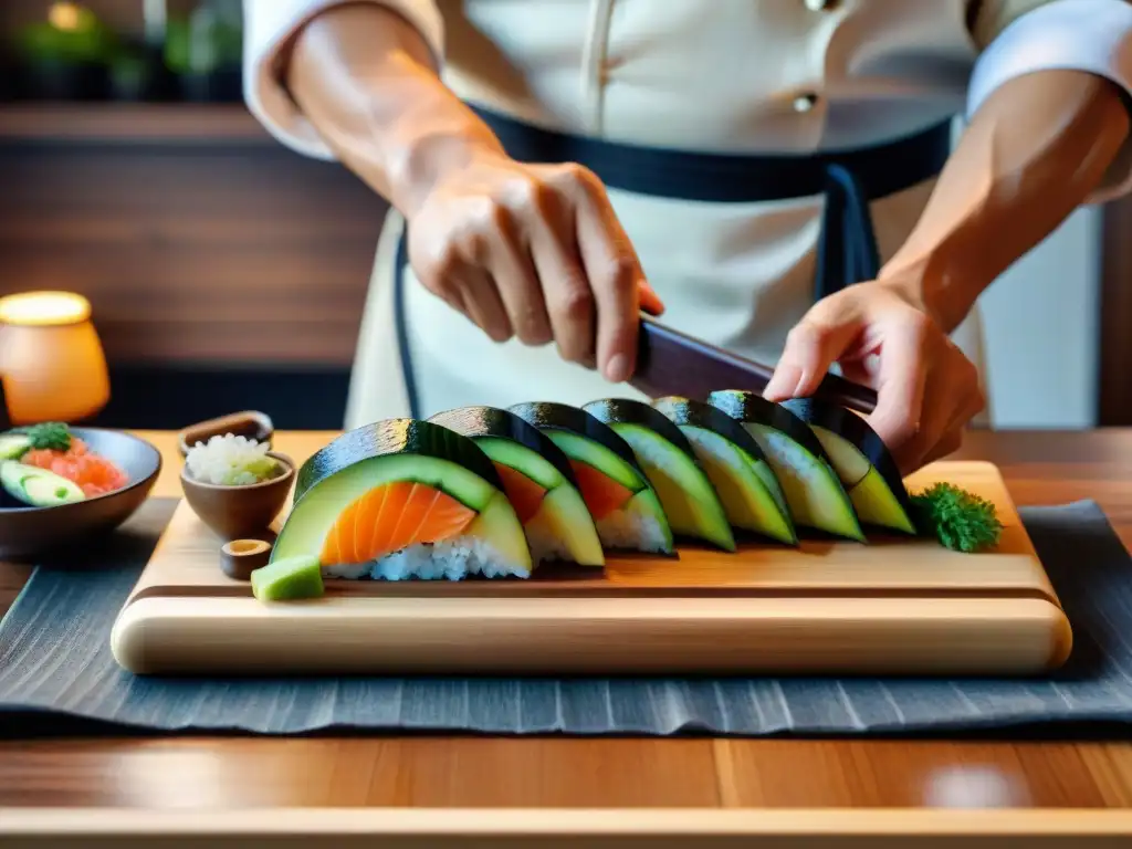 Un chef japonés crea sushi con precisión en una cocina tradicional