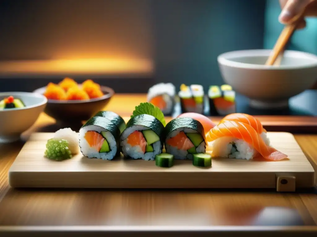 Un chef japonés prepara sushi sin gluten en una cocina minimalista, fusionando tradición y modernidad