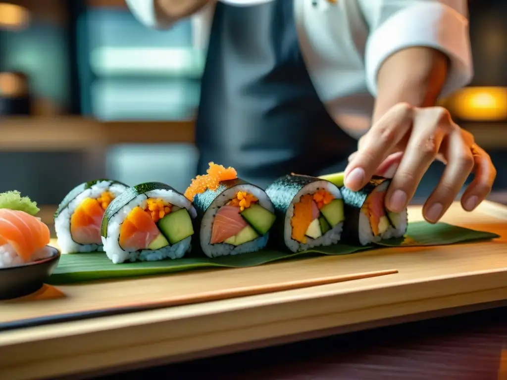 Un chef japonés crea sushi sin gluten con destreza en un elegante bar de sushi