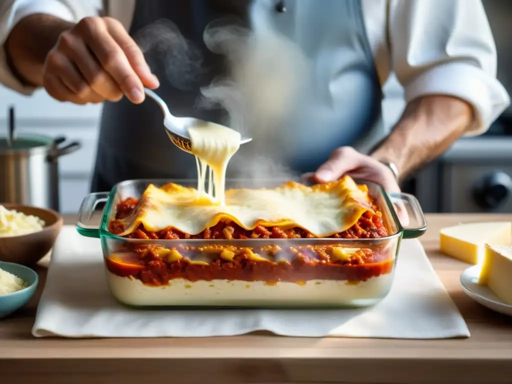 Un chef prepara una lasaña sin gluten en una cocina acogedora