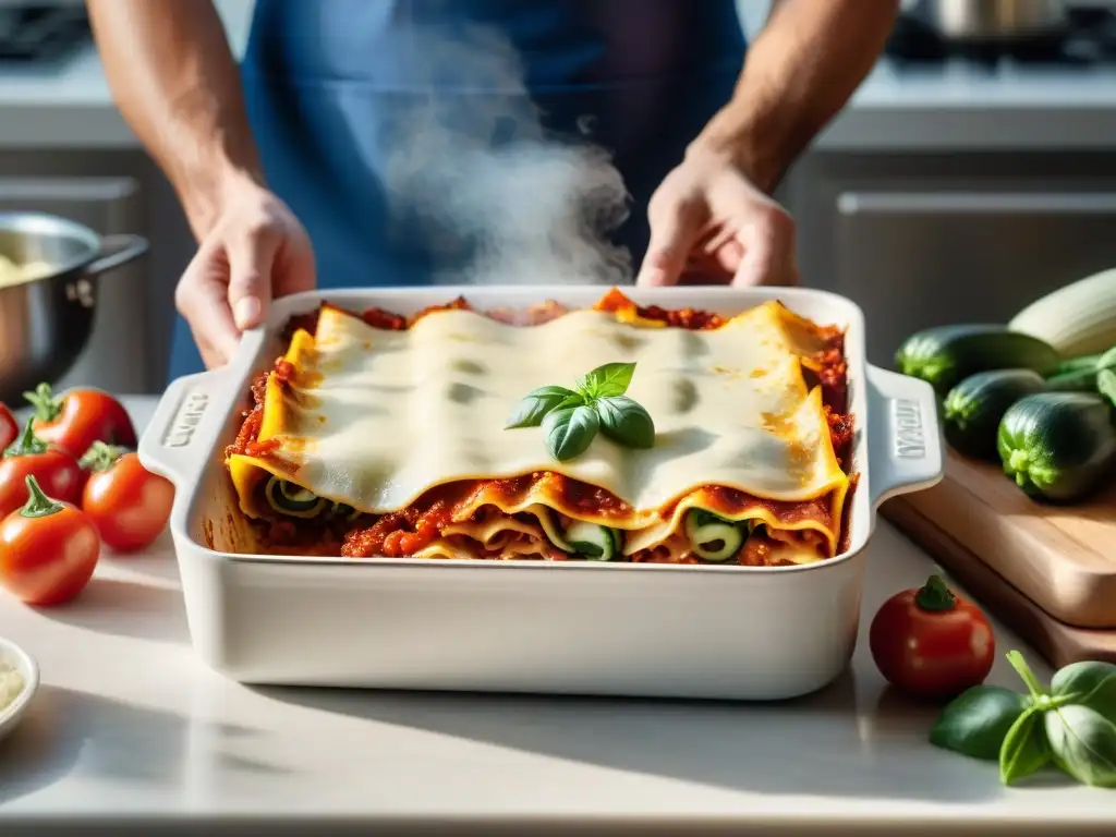 Un chef prepara una lasaña sin gluten en una cocina moderna