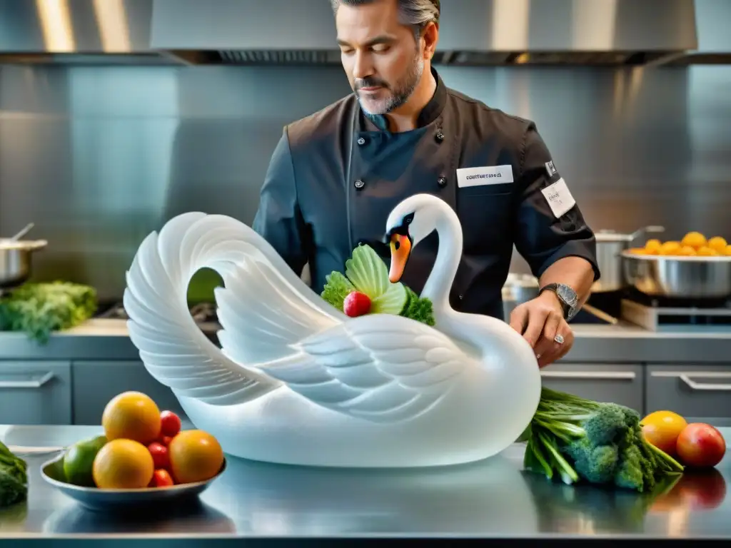 Chef maestro esculpe cisne de hielo en cocina profesional con ingredientes sin gluten