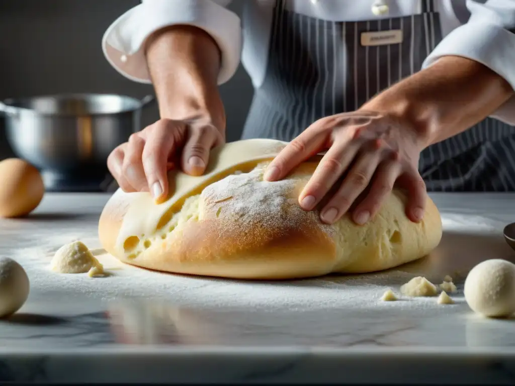 Un chef moldea suavemente una masa sin gluten en una encimera de mármol, destacando la textura y elasticidad