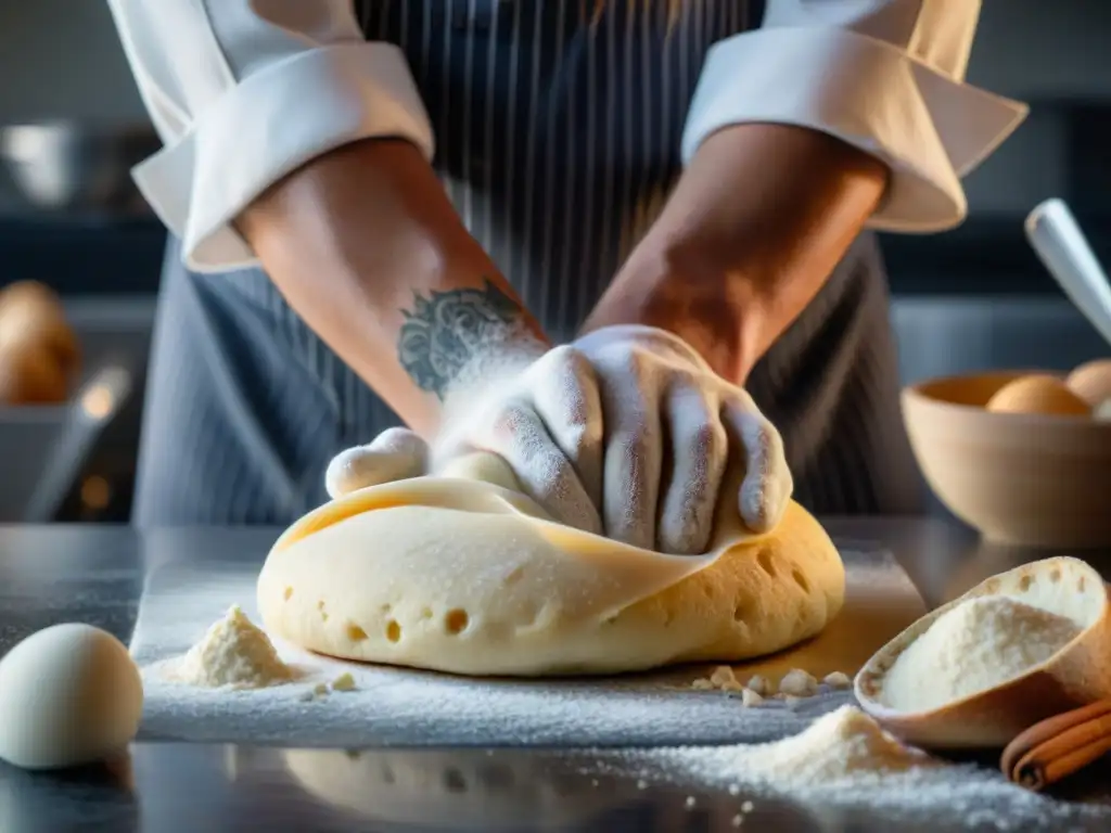 Un chef amasando masa sin gluten en mármol, con ingredientes como quinoa y harina de almendra