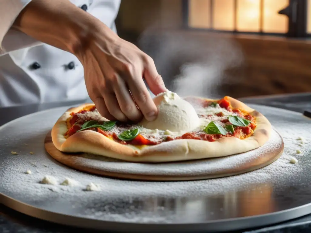 Chef amasando masa de pizza sin gluten con harinas alternativas en elegante encimera de mármol